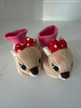 Plush Girls 7-8 Slippers Deer with Pink Cuffs and Red Polka Dot Bows